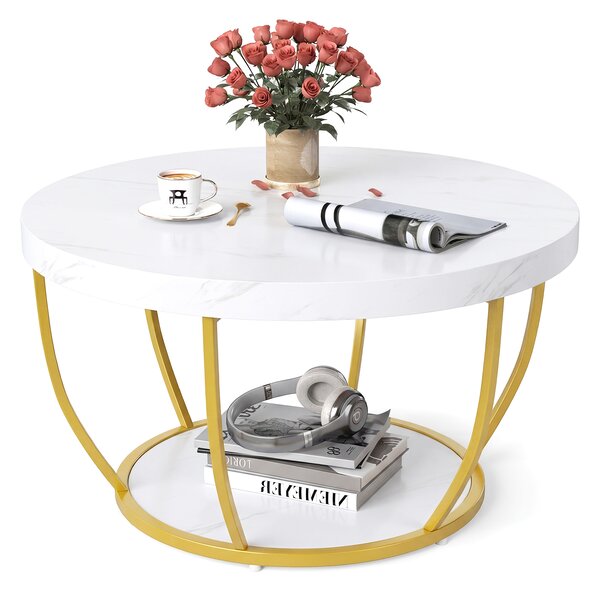 Costway Tavolino 2 ripiani metallo resistente legno finto 80cm, Tavolino rotondo soggiorno sala d'attesa decorativo Bianco