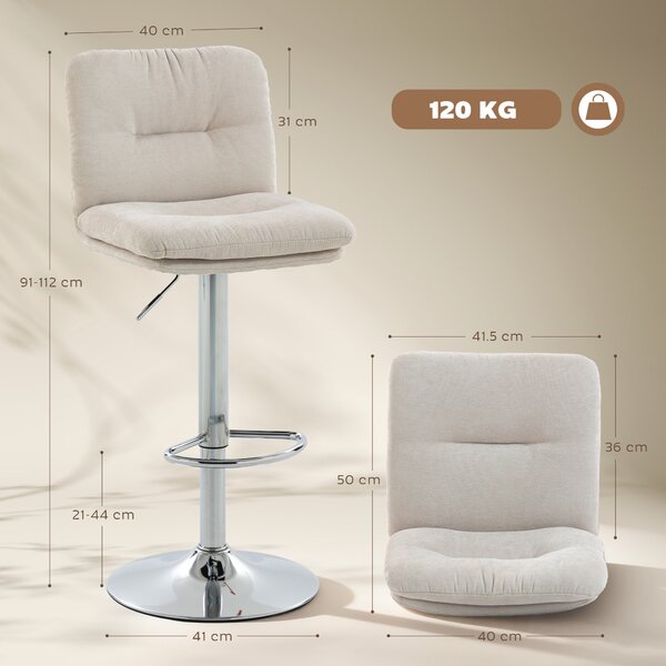 HOMCOM Set di 2 Sgabelli Alti da Cucina Girevoli Rivestiti in Lino con Altezza Regolabile Schienale e Poggiapiedi Beige | Aosom Italy