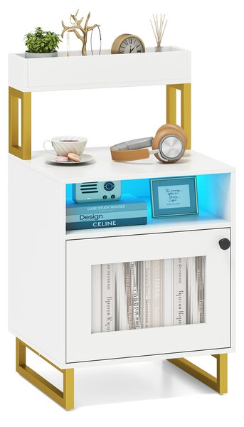 Costway Comodino luci led vassoio superiore scomparto aperto armadio, Comodino metallo resistente tavolino notte soggiorno camera letto Bianco