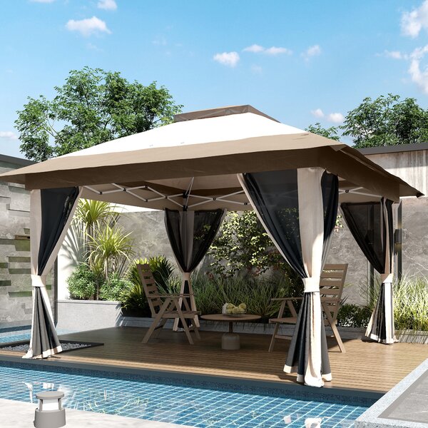 Outsunny Gazebo Pieghevole 3,6x3,6 m con Pannelli Laterali in Rete UPF50+ Altezza Regolabile Borsa con Ruote e Sacchi di Sabbia Beige | Aosom Italy