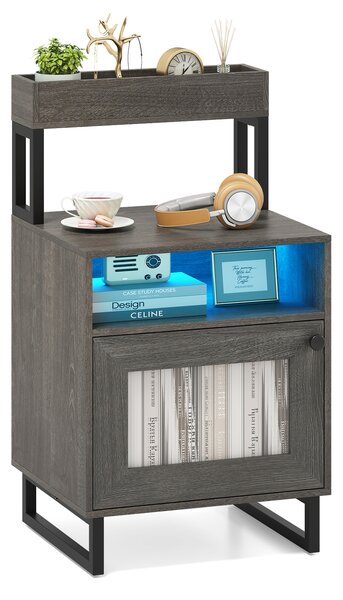 Costway Comodino luci led vassoio superiore scomparto aperto armadio, Comodino metallo resistente tavolino notte soggiorno camera letto Grigio