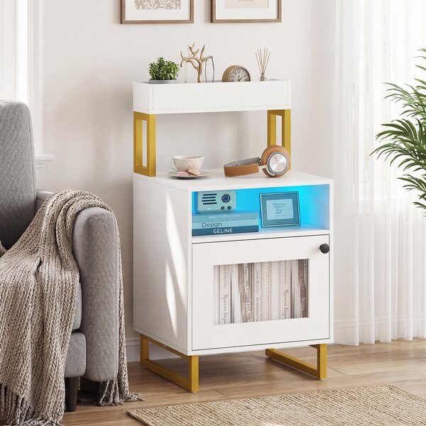 Costway Comodino luci led vassoio superiore scomparto aperto armadio, Comodino metallo resistente tavolino notte soggiorno camera letto Bianco