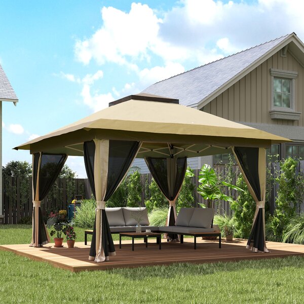 Outsunny Gazebo Pieghevole 3,6x3,6 m con Pannelli Laterali in Rete UPF50+ Altezza Regolabile Borsa con Ruote e Sacchi di Sabbia Beige | Aosom Italy