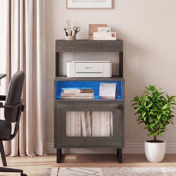 Costway Comodino luci led vassoio superiore scomparto aperto armadio, Comodino metallo resistente tavolino notte soggiorno camera letto Grigio