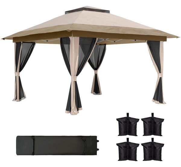 Outsunny Gazebo Pieghevole 3,6x3,6 m con Pannelli Laterali in Rete UPF50+ Altezza Regolabile Borsa con Ruote e Sacchi di Sabbia Beige | Aosom Italy