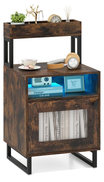Costway Comodino luci led vassoio superiore scomparto aperto armadio, Comodino metallo resistente tavolino notte soggiorno camera letto Marrone