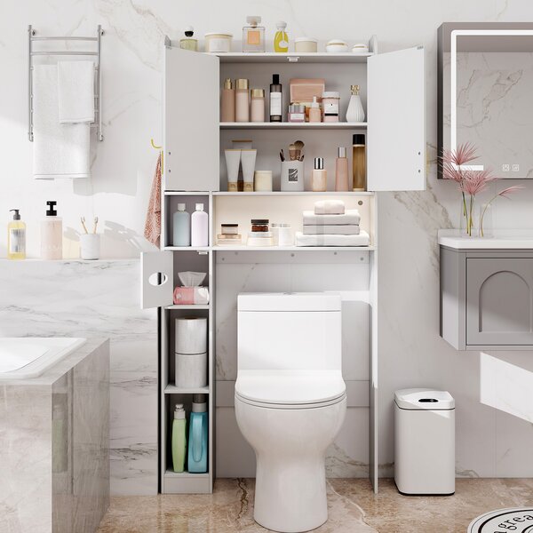 Costway Mensola sopra il wc con armadietto a 2 ante 6 scomparti aperti, Mobiletto da appoggio porta fazzoletti gancio ripiano regolabile Bianco