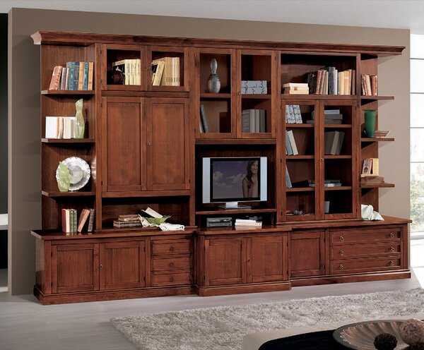 Mobili 2g - parete attrezzata classica in legno noce bassano 382x63x227
