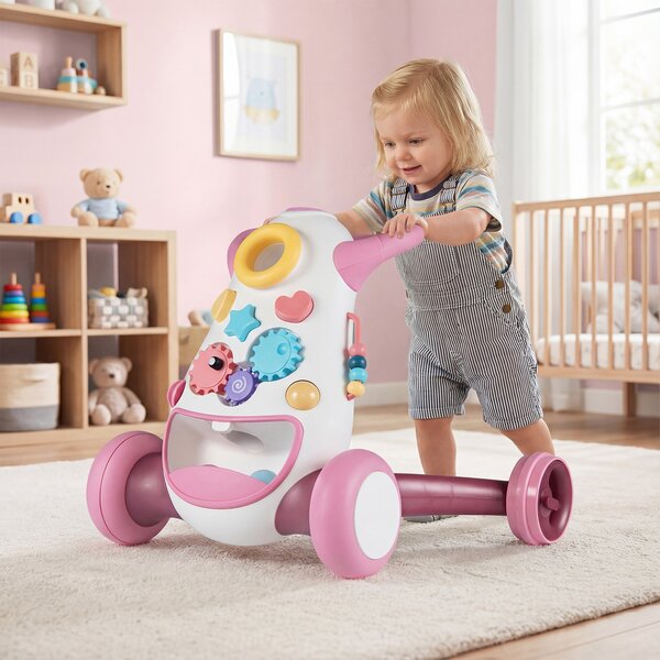 Costway Camminatore montessori musica luci inserimento forme ingranaggi, Camminatore lancio spazio conservazione posteriore bambini Rosa