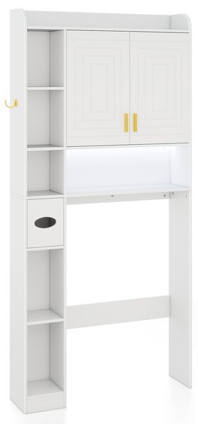 Costway Mensola sopra il wc con armadietto a 2 ante 6 scomparti aperti, Mobiletto da appoggio porta fazzoletti gancio ripiano regolabile Bianco