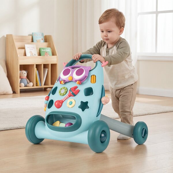 Costway Camminatore montessori pulsante ovale rimovibile gioco forme maracas perline, Camminatore uccellino scorrevole 2 girandole bambini educativo Blu