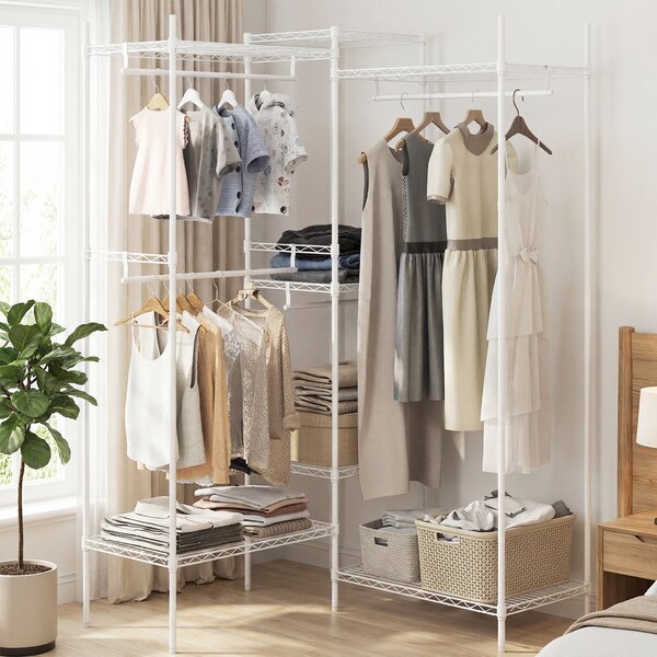 Costway Stand appendiabiti convertibile L orizzontale 7 ripiani regolabili metallo, Stand 4 bastoni portata 530 kg installazione mobile abiti Bianco