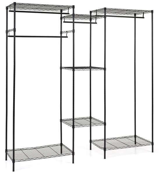Costway Stand appendiabiti convertibile L orizzontale 7 ripiani regolabili metallo, Stand 4 bastoni portata 530 kg installazione mobile abiti Nero