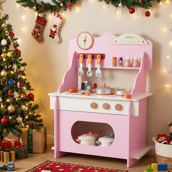 Costway Cucina giocattolo legno bambini finzione orologio fornello porta spezie, Cucina rubinetto lavandino forno accessori completi bambini 3+anni Rosa