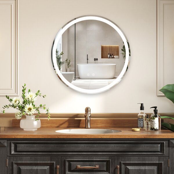 Costway Specchio led bagno rotondo parete vetro temperato luminosità regolabile, Specchio touch memoria anti-appannamento 60 cm