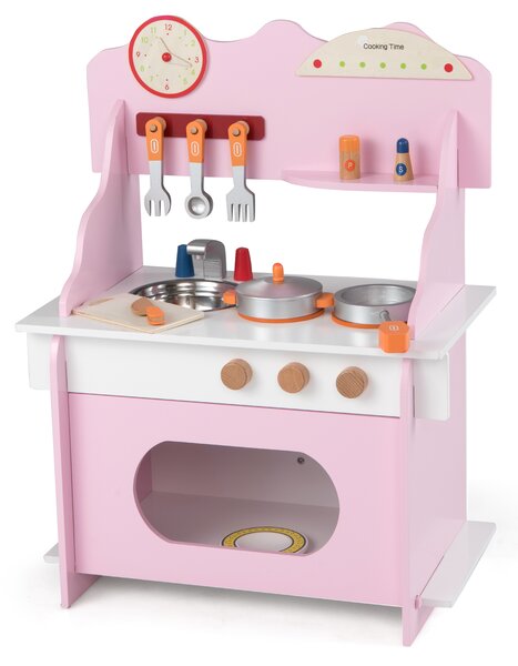 Costway Cucina giocattolo legno bambini finzione orologio fornello porta spezie, Cucina rubinetto lavandino forno accessori completi bambini 3+anni Rosa