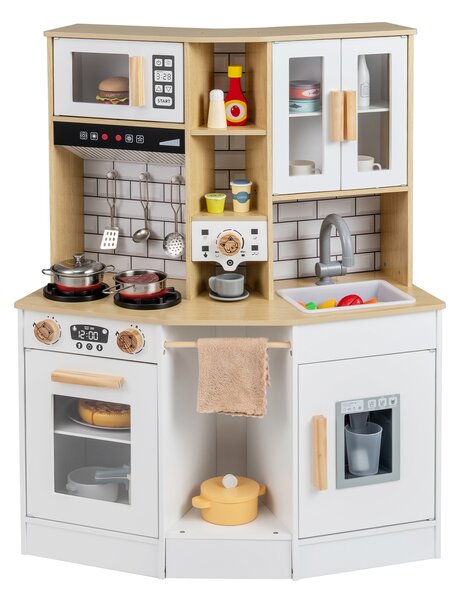 Costway Cucina giocattolo bambini suoni luci legno fornello lavandino cappa, Cucina ghiaccio caffè microonde forno set bambini 3+anni Naturale