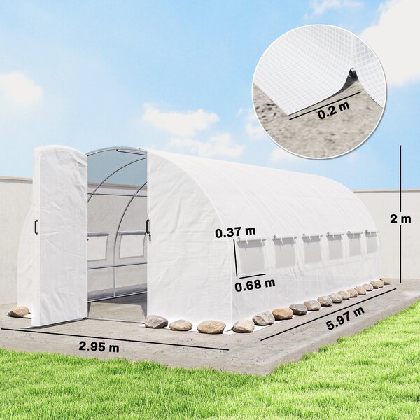 Outsunny Serra a Tunnel 6x3x2 m con Porta a Cerniera 12 Finestre con Zanzariera e Struttura in Acciaio Zincato Bianco | Aosom Italy