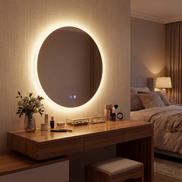 Costway Specchio led bagno rotondo parete vetro temperato 3 colori, Specchio trucco dimmerazione anti-appannamento memoria 60 cm