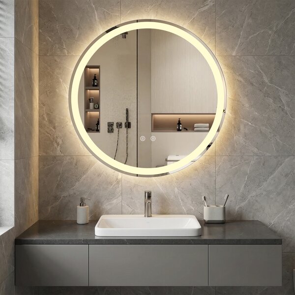 Costway Specchio led bagno rotondo parete vetro temperato luminosità regolabile, Specchio touch memoria anti-appannamento 60 cm