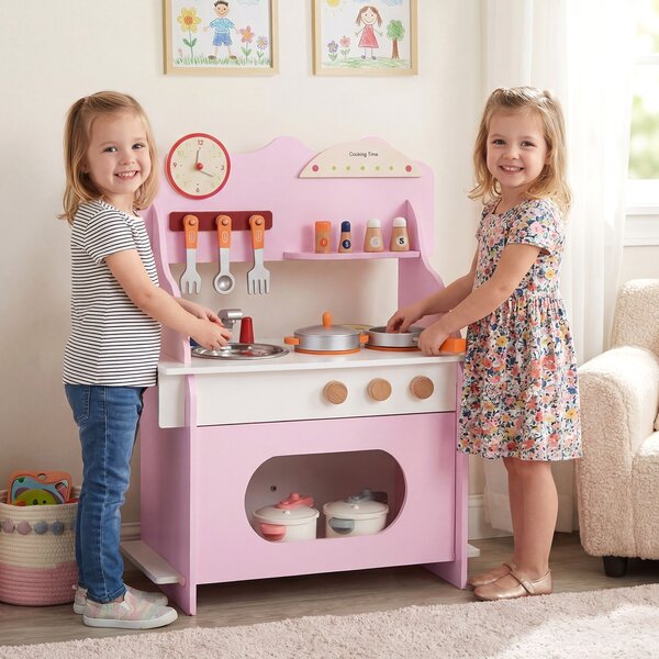 Costway Cucina giocattolo legno bambini finzione orologio fornello porta spezie, Cucina rubinetto lavandino forno accessori completi bambini 3+anni Rosa