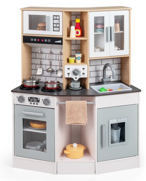 Costway Cucina giocattolo bambini suoni luci legno fornello lavandino cappa, Cucina ghiaccio caffè microonde forno set bambini 3+anni Grigio