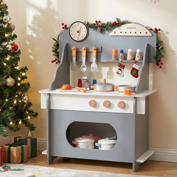 Costway Cucina giocattolo legno bambini finzione orologio fornello porta spezie, Cucina rubinetto lavandino forno accessori completi bambini 3+anni Grigio