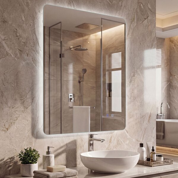 Costway Specchio led bagno rettangolare parete retroilluminato luminosità regolabile touch, Specchio vetro temperato memoria anti-appannamento 80 x 60 cm
