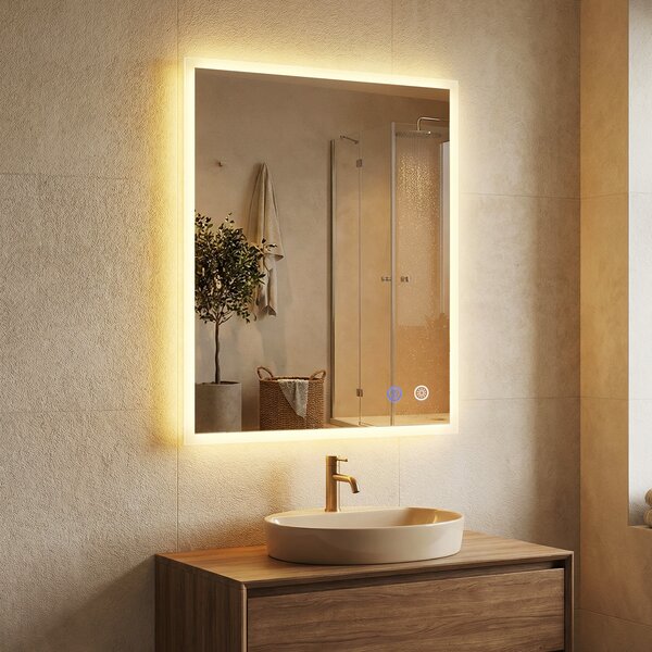 Costway Specchio led bagno parete rettangolare anti-appannamento memoria 3 colori dimmerazione, Specchio vetro temperato infrangibile 70 x 50 cm