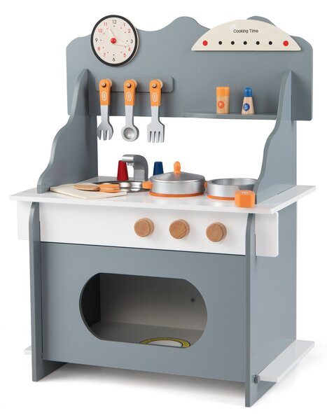 Costway Cucina giocattolo legno bambini finzione orologio fornello porta spezie, Cucina rubinetto lavandino forno accessori completi bambini 3+anni Grigio