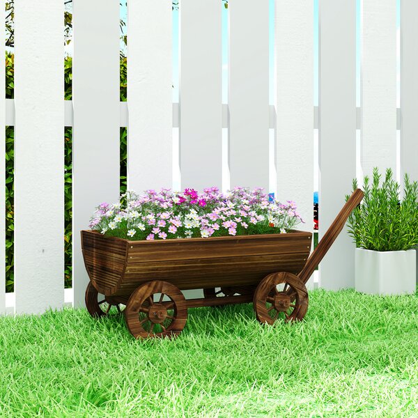 Outsunny Carretto in Legno con 4 Ruote e Manico Fioriera Esterna con Foro di Drenaggio 115x40x54,5 cm Carbonizzato | Aosom Italy