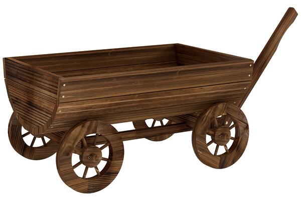 Outsunny Carretto in Legno con 4 Ruote e Manico Fioriera Esterna con Foro di Drenaggio 115x40x54,5 cm Carbonizzato | Aosom Italy