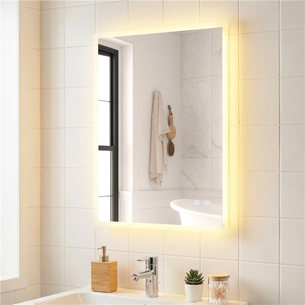 Costway Specchio led bagno parete rettangolare anti-appannamento memoria 3 colori dimmerazione, Specchio vetro temperato infrangibile 70 x 50 cm