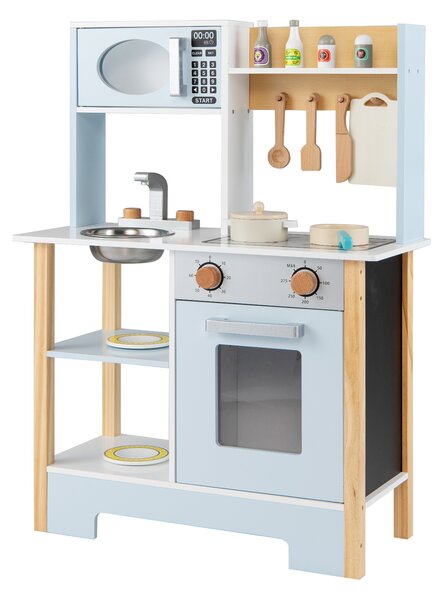 Costway Cucina gioco legno lavagna microonde fornello scolapiatti rubinetto, Cucina lavello finzione accessori bambini 3 anni Blu
