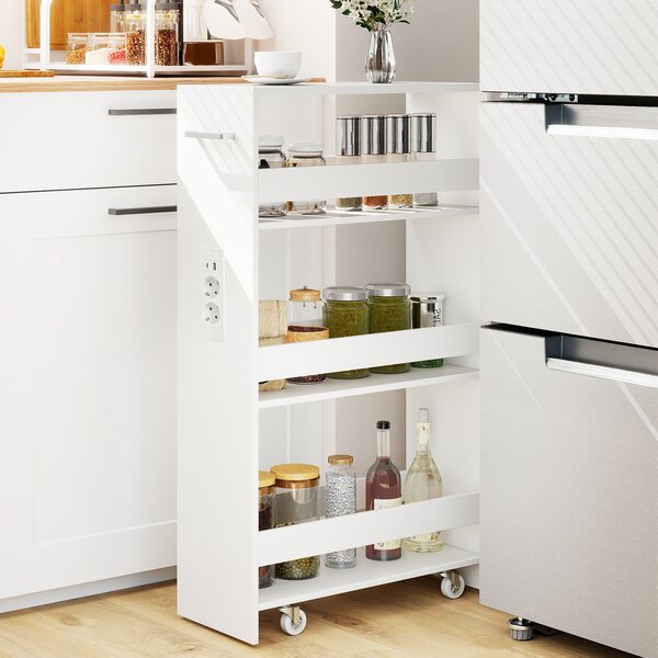 Costway Carrello da cucina 4 ripiani con stazione di ricarica maniglia e parapetti, Carrello stretto a sfilo con ruote bloccabili per cucina lavanderia Bianco 20cm