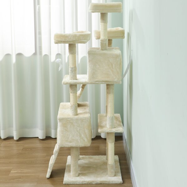 PawHut Albero Tiragraffi per Gatti Albero per Gatti 153 cm con 2 Casette 3 Letti 2 Rampe Montanti in Sisal Topolini Appendibili Crema | Aosom Italy