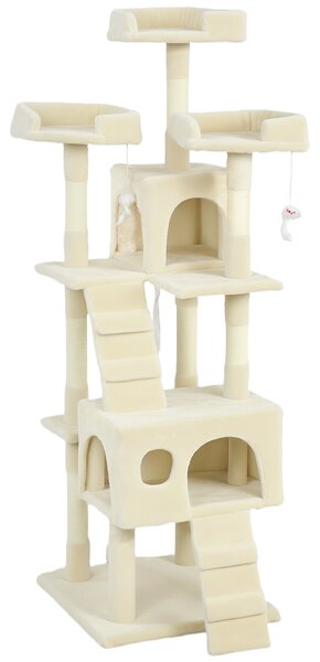 PawHut Albero Tiragraffi per Gatti Albero per Gatti 153 cm con 2 Casette 3 Letti 2 Rampe Montanti in Sisal Topolini Appendibili Crema | Aosom Italy