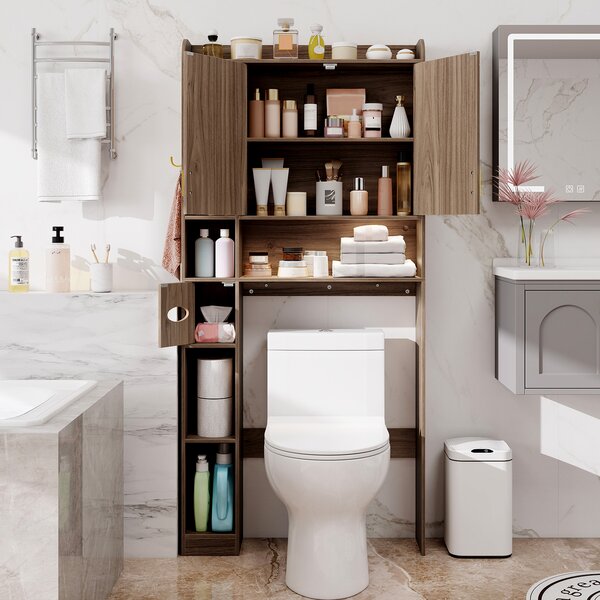 Costway Mensola sopra il wc con armadietto a 2 ante 6 scomparti aperti, Mobiletto da appoggio porta fazzoletti gancio ripiano regolabile Grigio