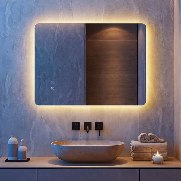 Costway Specchio led bagno rettangolare parete retroilluminato luminosità regolabile touch, Specchio vetro temperato memoria anti-appannamento 70 x 50 cm