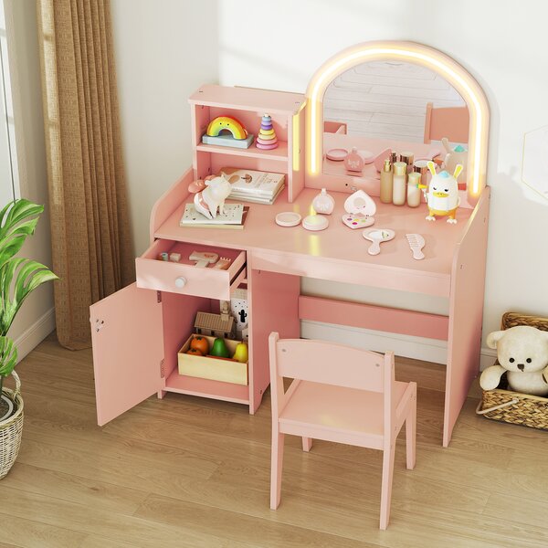 Costway Set tavolo da trucco per bambini con sedia mensole cassetto e anta, Toeletta da trucco in legno con luci LED Oro rosa