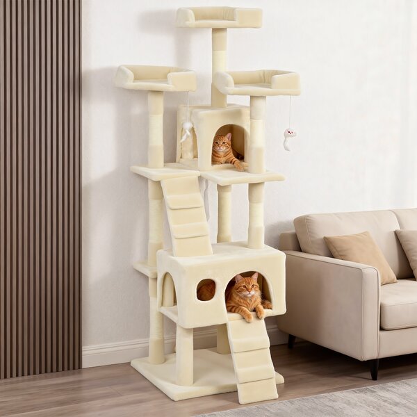 PawHut Albero Tiragraffi per Gatti Albero per Gatti 153 cm con 2 Casette 3 Letti 2 Rampe Montanti in Sisal Topolini Appendibili Crema | Aosom Italy