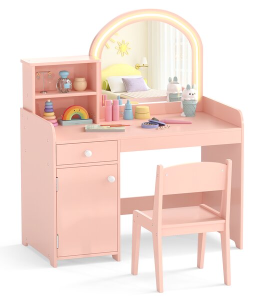 Costway Set tavolo da trucco per bambini con sedia mensole cassetto e anta, Toeletta da trucco in legno con luci LED Oro rosa