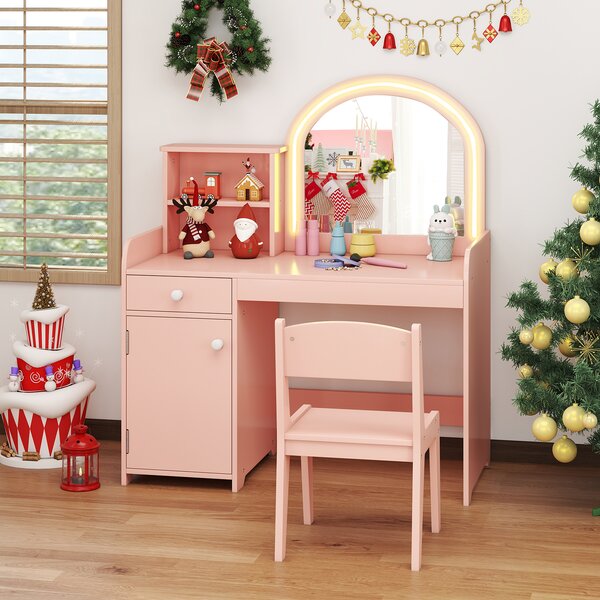 Costway Set tavolo da trucco per bambini con sedia mensole cassetto e anta, Toeletta da trucco in legno con luci LED Oro rosa