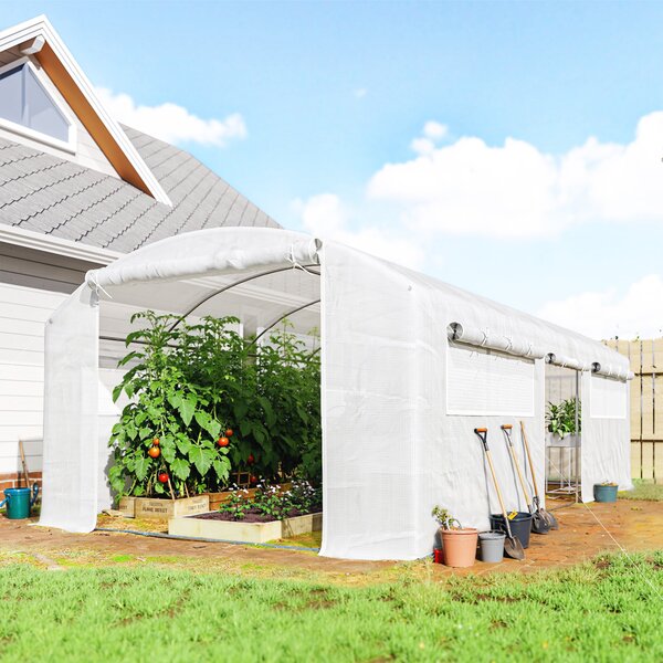 Outsunny Serra a Tunnel 6x3x2 m con 3 Porte Avvolgibili 6 Finestre con Rete e Struttura in Acciaio Zincato Bianco | Aosom Italy