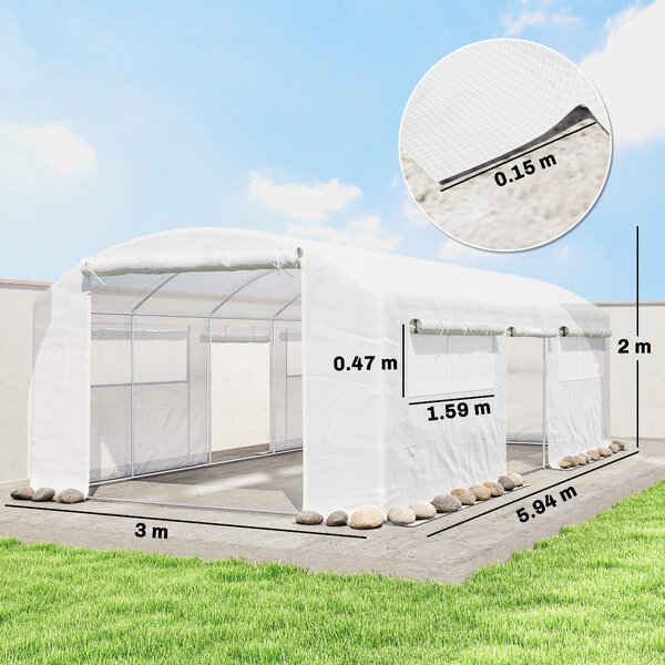 Outsunny Serra a Tunnel 6x3x2 m con 3 Porte Avvolgibili 6 Finestre con Rete e Struttura in Acciaio Zincato Bianco | Aosom Italy