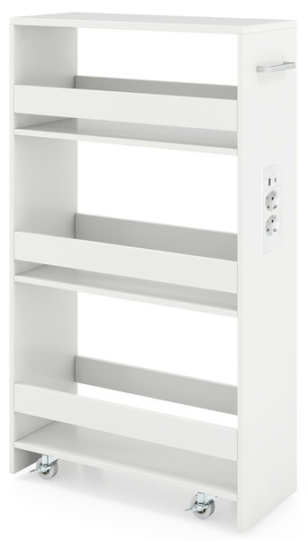 Costway Carrello da cucina 4 ripiani con stazione di ricarica maniglia e parapetti, Carrello stretto a sfilo con ruote bloccabili per cucina lavanderia Bianco 20cm
