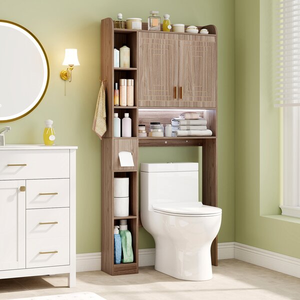 Costway Mensola sopra il wc con armadietto a 2 ante 6 scomparti aperti, Mobiletto da appoggio porta fazzoletti gancio ripiano regolabile Grigio