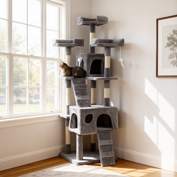 PawHut Albero Tiragraffi per Gatti Albero per Gatti 153 cm con 2 Tane 3 Lettini 2 Rampe Pali in Sisal Topolini Appesi Grigio | Aosom Italy