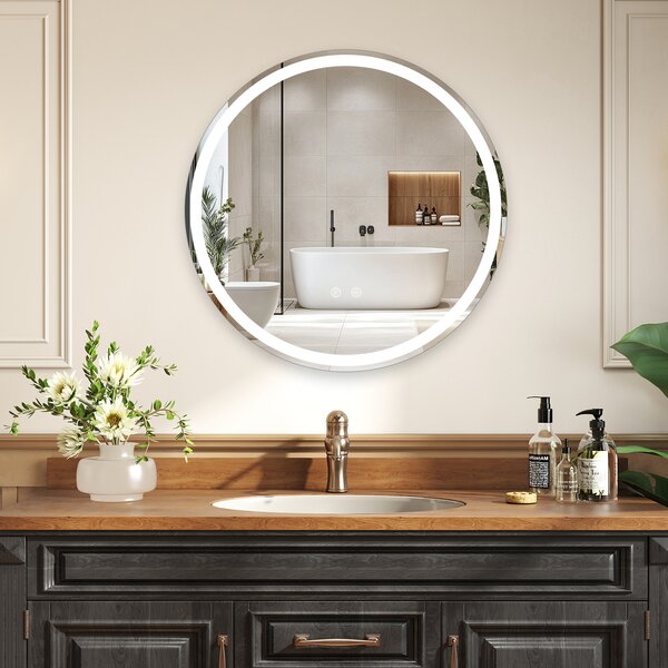 Costway Specchio led bagno rotondo parete vetro temperato luminosità regolabile, Specchio touch memoria anti-appannamento 70cm