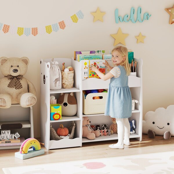 AIYAPLAY Scaffale per giocattoli per bambini Ripiani Aperti Scomparti Design Orsetto Organizer per giocattoli Bianco | Aosom Italy